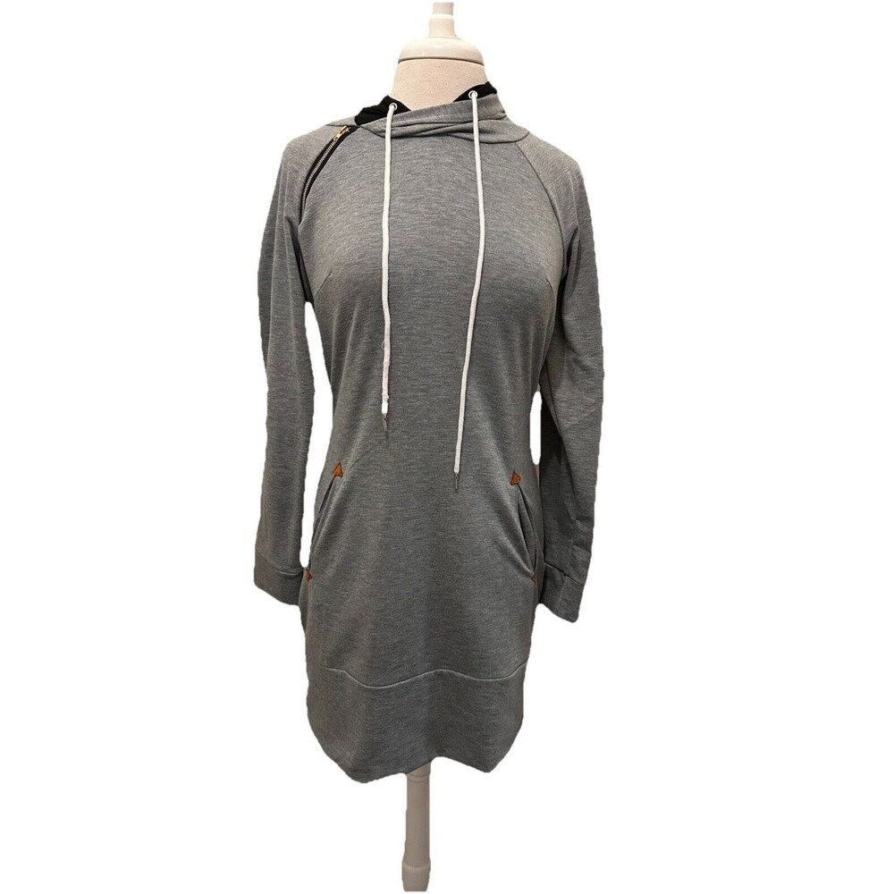 Biubiu Gray Hooded Long Sleeve Above Knee Dress Pockets Med.